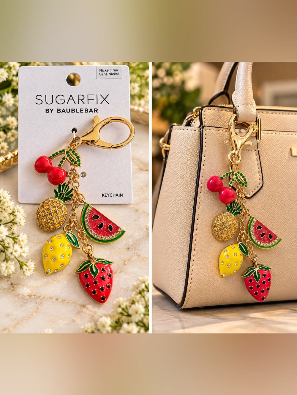 BaubleBar Gold-Tone Fruit Charm Keychain — Red, Yellow, Green